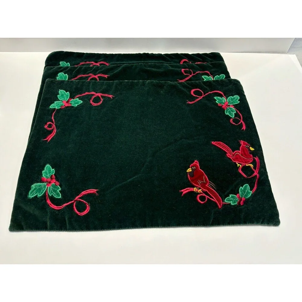 Christmas Placemats Quilted Embroidered Velvet Cardinal Holly Set of 4 13x17